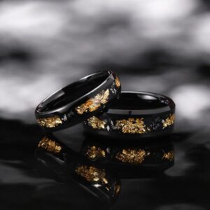 Gold Leaf & Meteorite Inlay Elegant 6mm/8mm Couple Tungsten Ring, Wedding Band for Men And Women, Engagement Jewelry Gift