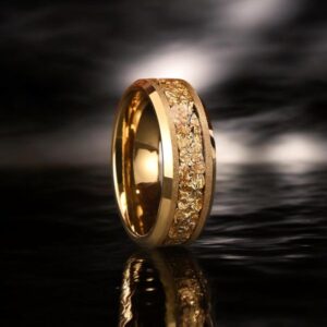 Gold Leaf Inlay Elegant 8mm Tungsten Carbide Ring, Wedding Band for Men & Women, Engagement Jewelry Gift