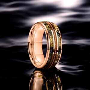Guitar String, Gold Leaf & Meteorite Inlay Elegant Tungsten Carbide Wedding Ring