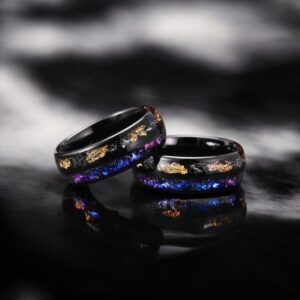 Gold Leaf, Meteorite & Amethyst Inlay Elegant 8MM Tungsten Carbide Ring, Wedding Band for Men And Women, Engagement Jewelry Gift