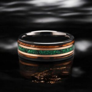 Green Opal & Whiskey Barrel Wood Inlay Elegant 8MM Tungsten Carbide Wedding