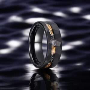 Meteorite & Gold Leaf Inlay Hammered Elegant Tungsten Carbide Ring, Wedding Band for Men And Women, Engagement Jewelry Gift