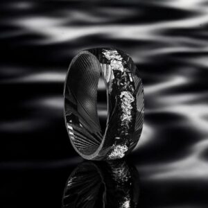 Damascus Steel , Silver Leaf & Meteorite Inlay 8MM Tungsten Carbide Wedding Ring