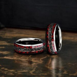 Red Opal & Meteorite Inlay 8MM Tungsten Carbide Wedding Ring, Made With Love