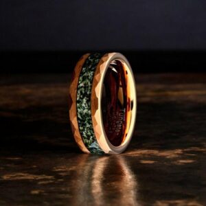 Rose Gold Hammered Tungsten Ring, Green Moss Agate, 8MM Wedding Ring, Wedding Band, Anniversary Ring, Promise Ring