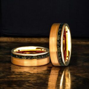 Moss Agate & Gold Foil Flakes Ring, 8mm Brushed Yellow Gold Tungsten Unisex Wedding Ring, Unisex Band, Wedding Band