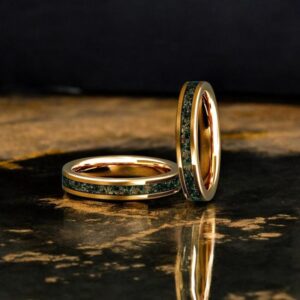 Moss Agate & Gold Flake Inlay 4mm Tungsten Carbide Wedding Ring