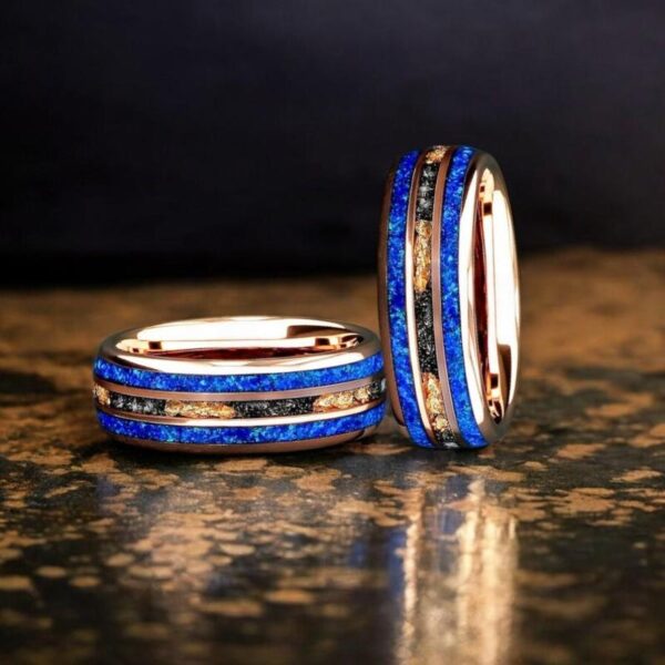 Blue Opal, Meteorite & Golf Leaf Inlay, 8mm Rose Gold, Elegant Tungsten Ring. For Men And Women