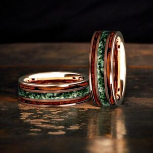 Moss Agate & Whiskey Barrel Wood, 8mm Rose Gold, Elegant Tungsten Ring, For Men And Women