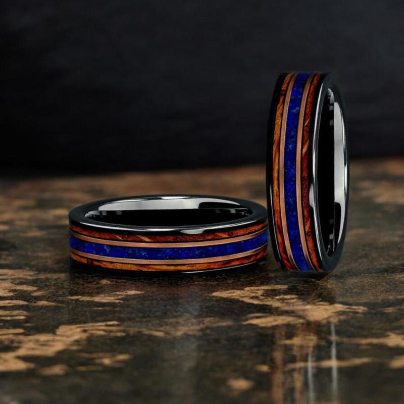 Lapis Lazuli & Charred Whiskey Barrel Wood Ring, 6mm Black Tungsten wedding Ring, Unisex