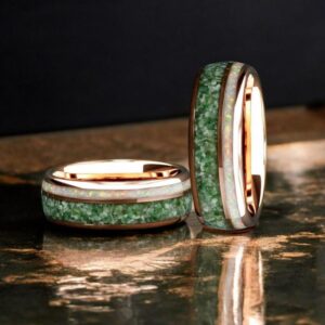 White Opal & Moss Agate Ring, 8mm Rose Gold, Elegant Tungsten Ring, For Men And Women